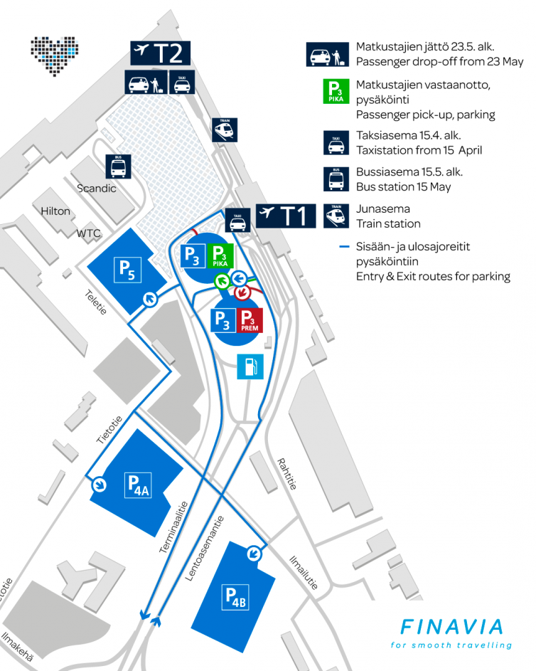 Map of Helsinki airport's outdoor areas.