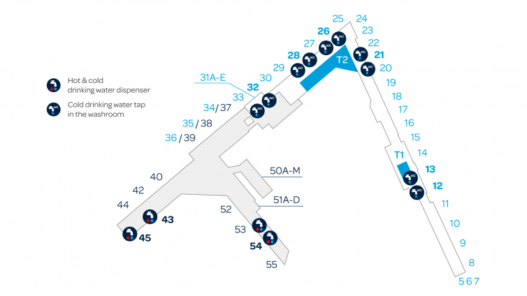 Map of drinking water taps and dispensers at the Helsinki Airport