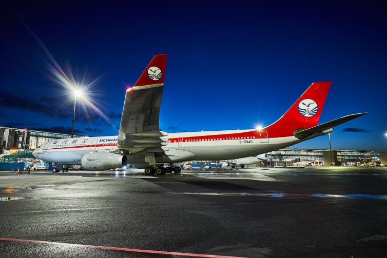 Sichuan Airlines airplane at Helsinki Airport.