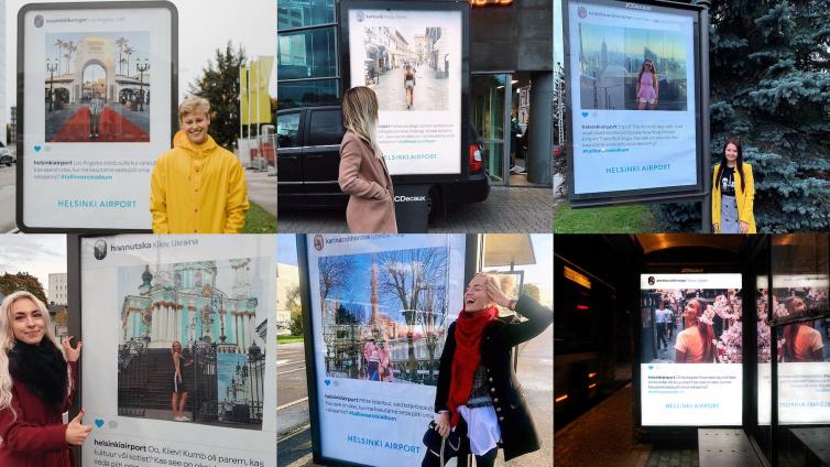 Kuvakollaasi ihmisistä seisomassa mainostaulujen edessä