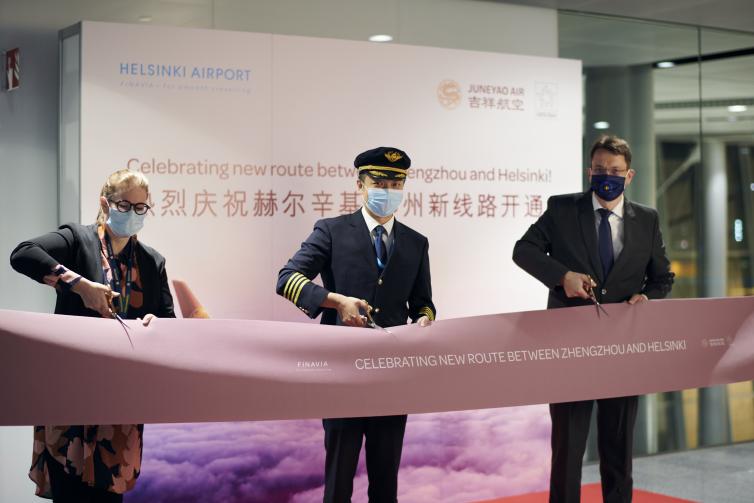 Junayao Air route opening rituals in Helsinki-Vantaa airport.
