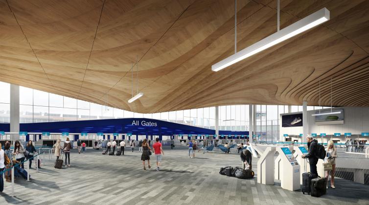 Havainnekuva Helsinki-Vantaan tulevasta terminaalista 2:sta lähtevien tasolta.