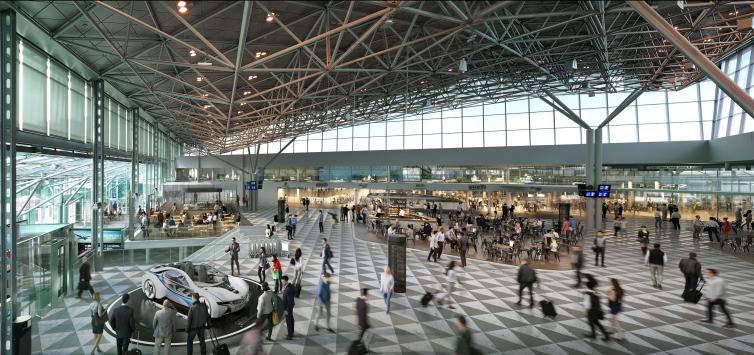 Havainnekuva porttialueeksi muuttuvasta lähtöaulasta