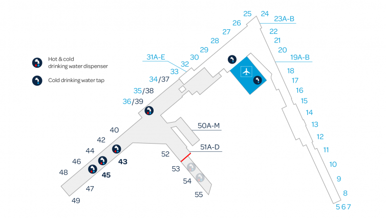 Map of water supply points in Helsinki Airport
