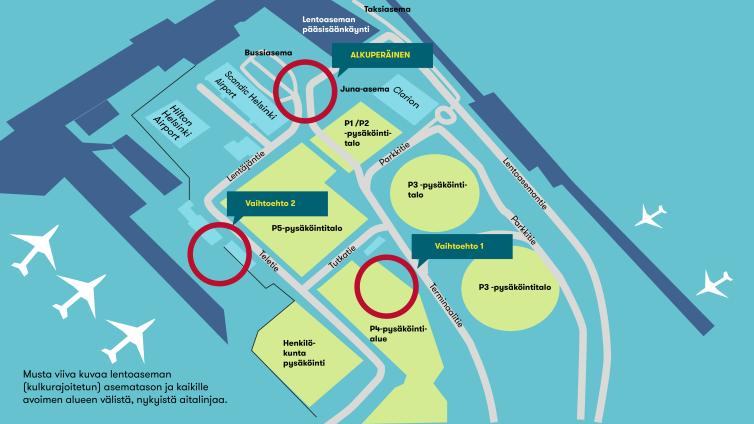 Vantaan ratikan päätepysäkkivaihtoehtokartta