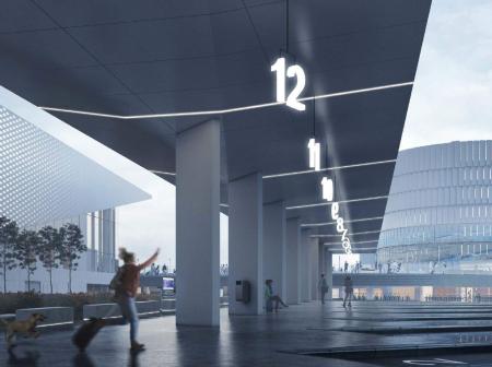 Architectural visualization of  Helsinki Airports terminal extension. Woman hails a bus in hurry..