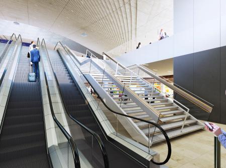 Havainnekuva liukuportaista terminaali 2:n laajennuksessa. 