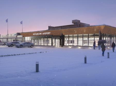 Talvinen havainnekuva Rovaniemen lentoaseman lähtöaulan laajennuksesta, jossa lentoaseman edustalle on rakennettu kuution muotoinen, lasinen laajennusosa.