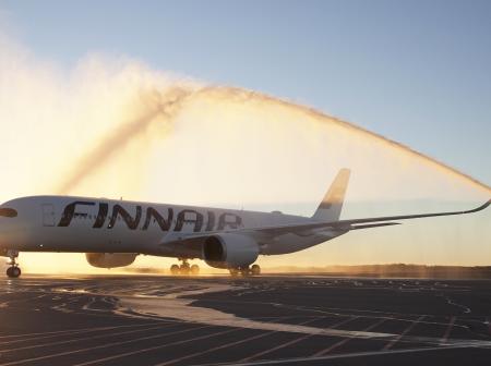 Finnair Airbus A35 gets a traditional water salute.