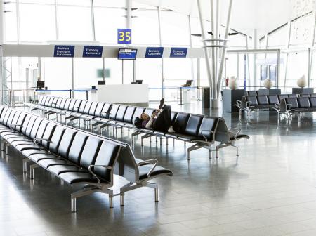 A waiting area in front of a gate.