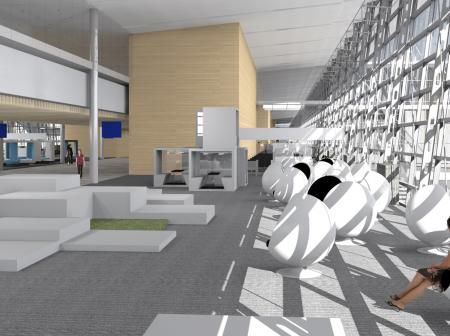Architectural visualization of Helsinki airport's gate area interior.