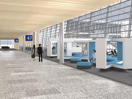 Architectural visualization of Helsinki airport's gate area interior.