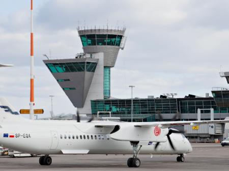 An Eurolot airplane at airport.