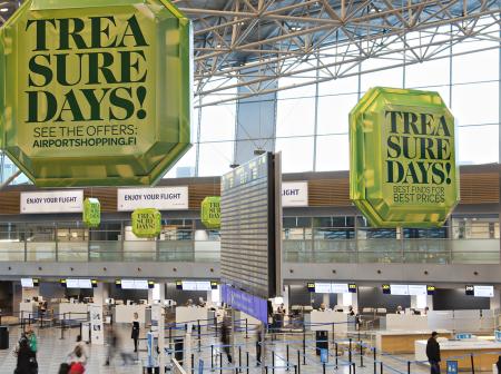 Treasure Days! -campaign decorations at Helsinki airport departure hall.