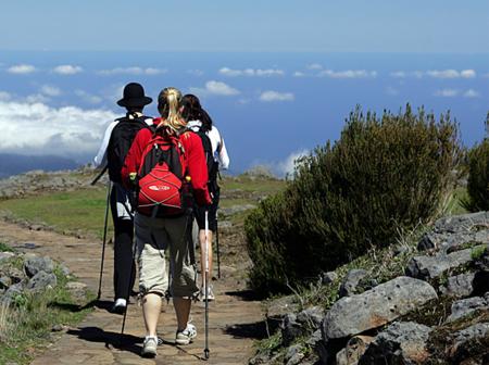 People hiking together in the mountains.