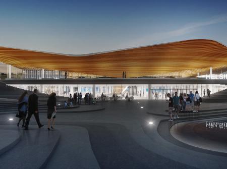 Architectural visualization of Helsinki airport's exterior.