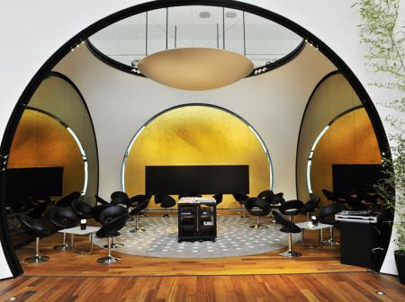 Modern and calm interior of Turkish Airlines lounge.