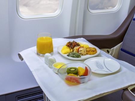 Food on a tray in airplane cabin.