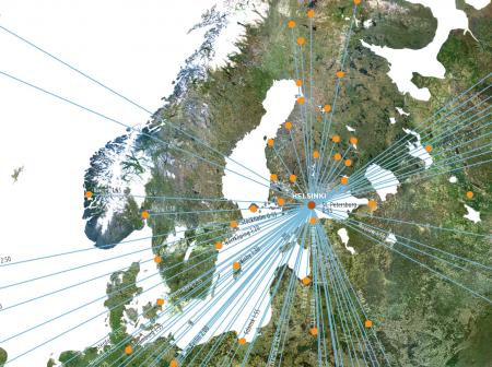 Map of Helsinki airport's flight routes to the world.