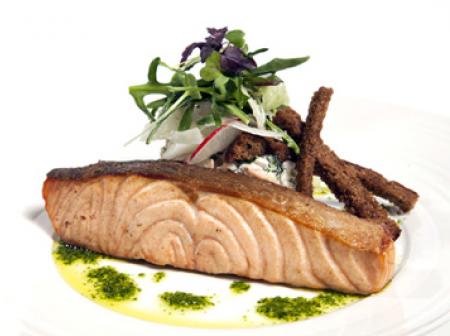 Fried salmon and salad.