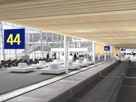 Architectural visualization of Helsinki airport's west wing gate area interior.