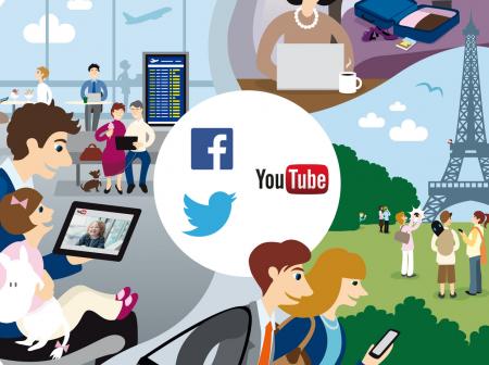 An illustration of travellers at airport and at Paris.