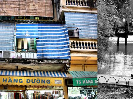 Rakennus Hanoissa ja mies, joka istuu puiston penkillä Hoan Kiem järven äärellä.