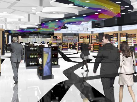 An illustration of a shopping area at Helsinki Airport.