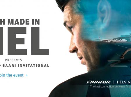 A poster of a man and finnair airplane.