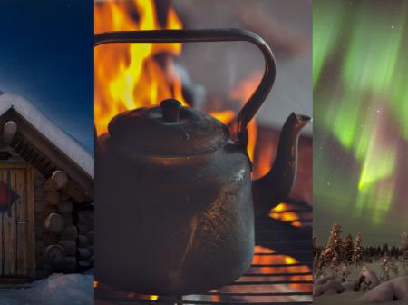 Kuva mökistä, kahvipannusta sekä revontulista.