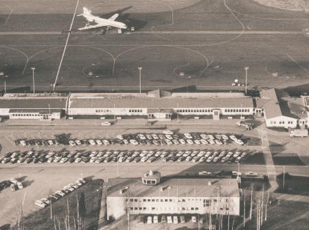 Black and white picture of an airport.