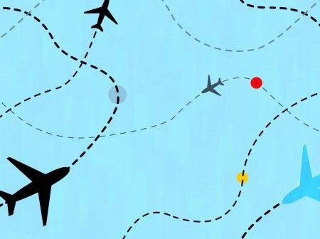 Illustration of airplanes flying dotted path.