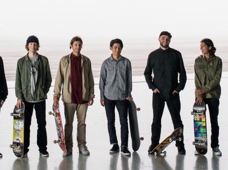 Seven pro skaters at Helsinki airport.