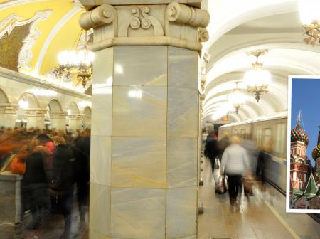 People at underground train station in Moscow.
