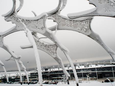 Reindeer outdoor art installation at Rovaniemi airport.