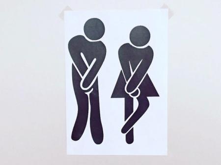Graphical illustration of a man and woman with urge to go to toilet.