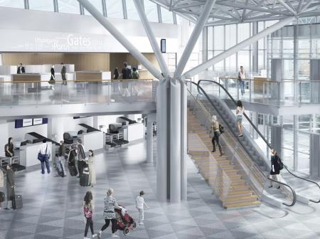 Architectural visualization of Helsinki airport T2 departure hall.