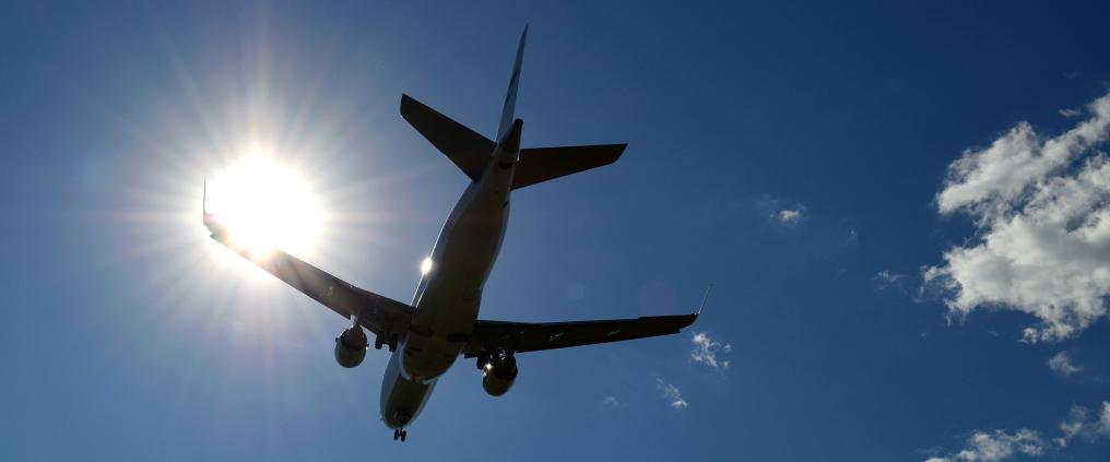 Landing aeroplane in the sky.