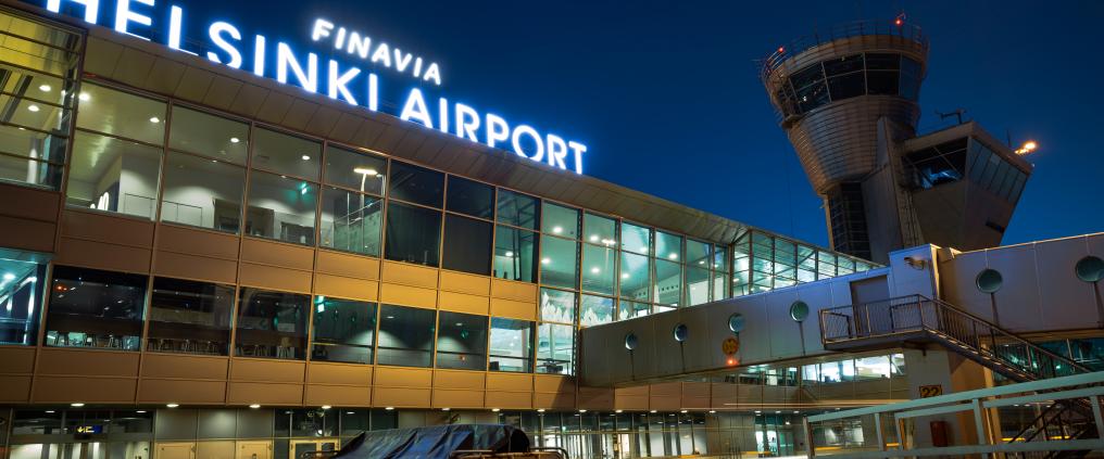 Helsinki airport at dark time.