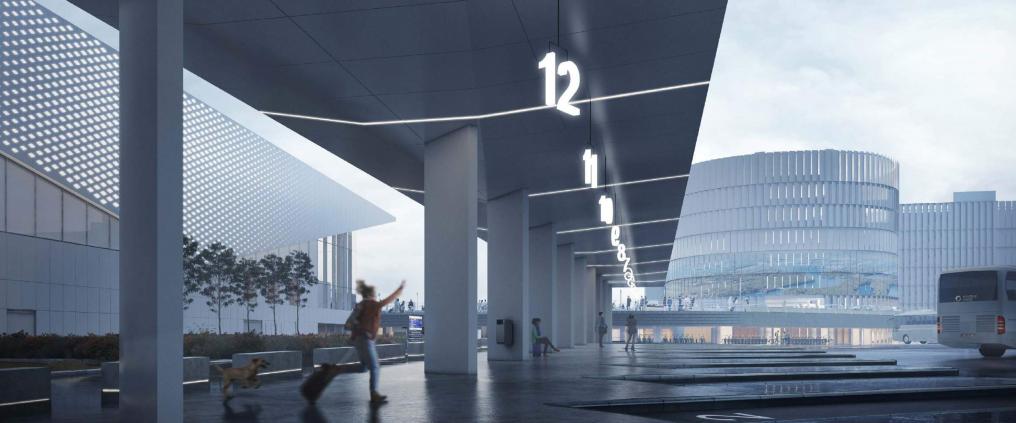 Architectural visualization of  Helsinki Airports terminal extension. Woman hails a bus in hurry..