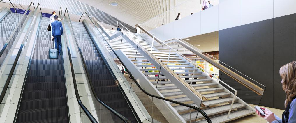 Havainnekuva liukuportaista terminaali 2:n laajennuksessa. 