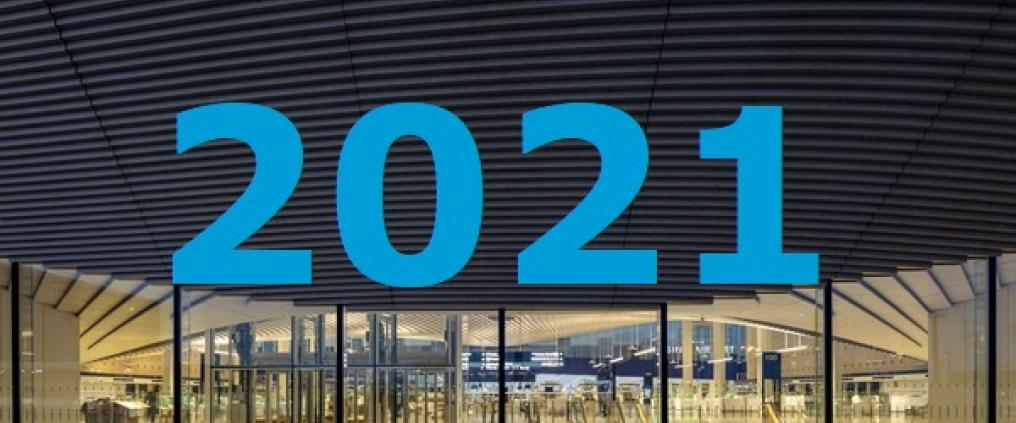 Vuosi 21 -teksti terminaalin päällä