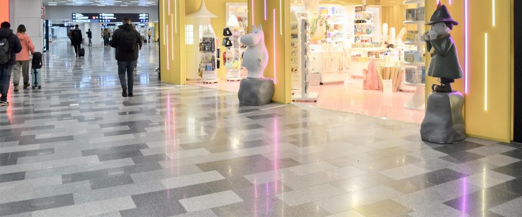 Moomin shop at Helsinki Airport arrivals hall.