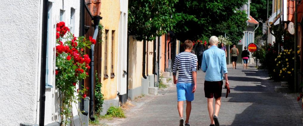 Two men walking on a street in a small town.