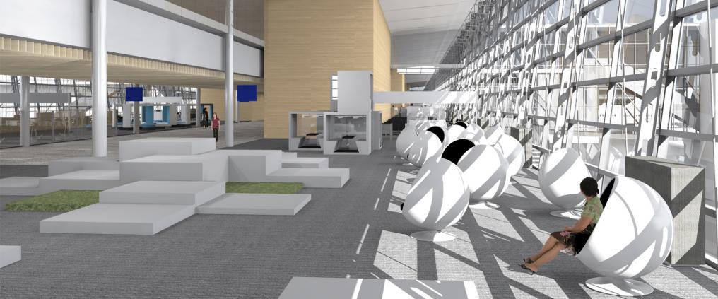 Architectural visualization of Helsinki airport's gate area interior.
