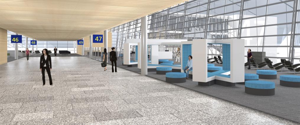 Architectural visualization of Helsinki airport's gate area interior.