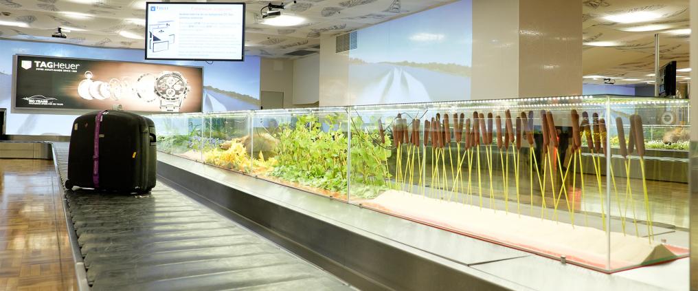 A luggage on baggage belt at Helsinki airport 2B baggage claim.