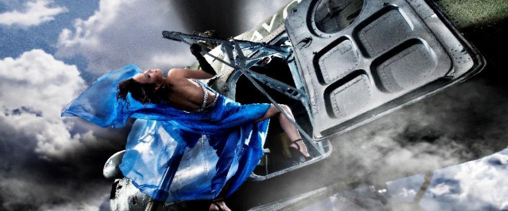An artwork of a woman in blue dress climbing onto an airplane.