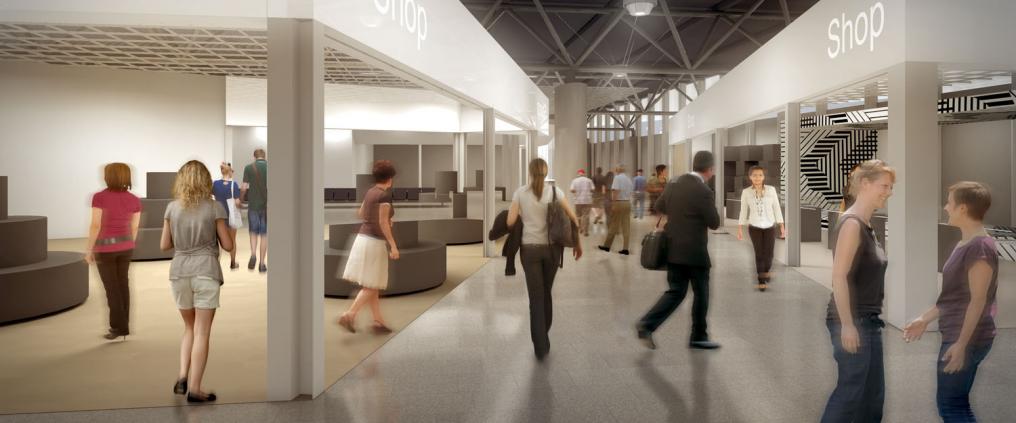 Matkustajia lentokentän kaupoissa.