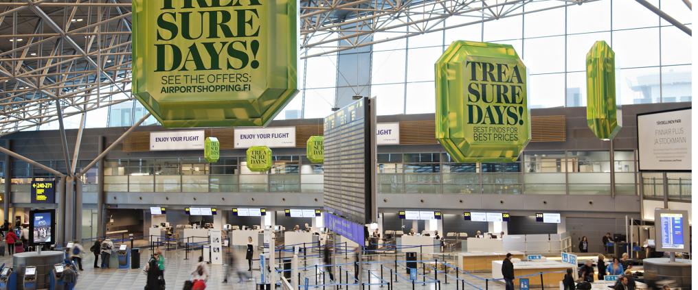 Treasure Days! -campaign decorations at Helsinki airport departure hall.